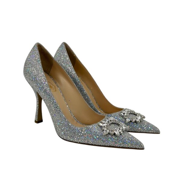 NWOB Nalebe by Amina Means Lirum Silver Glitter Embellished Pointed Toe Heels - Picture 2 of 9